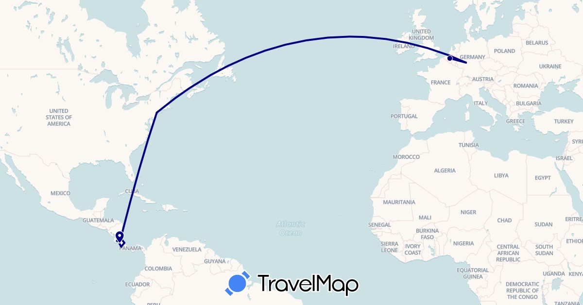 TravelMap itinerary: driving in Belgium, Costa Rica, Germany, United States (Europe, North America)